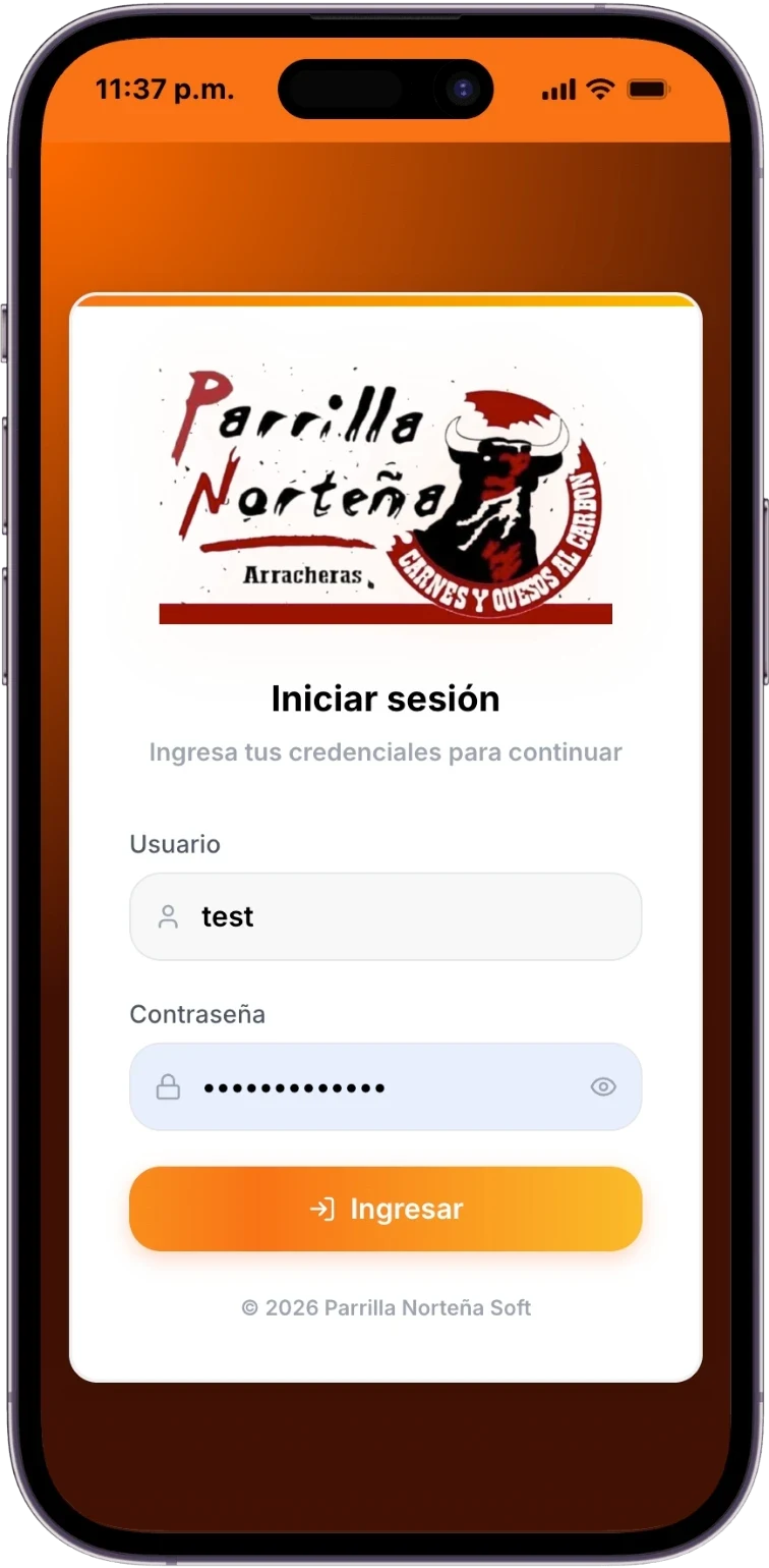 App móvil de ParrillaNorteña Soft en un iPhone, en la pantalla de inicio de sesión