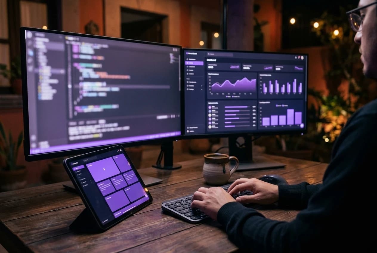 Desarrollador frente a dos monitores con código y un tablero, con una tablet que muestra la aplicación funcionando