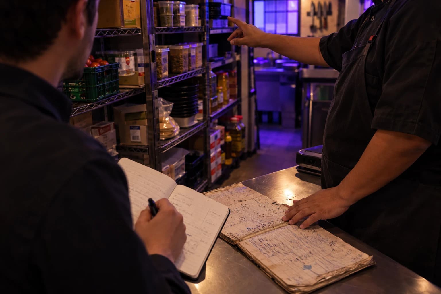 Consultor tomando notas mientras el encargado de cocina le muestra su bitácora en papel y los anaqueles