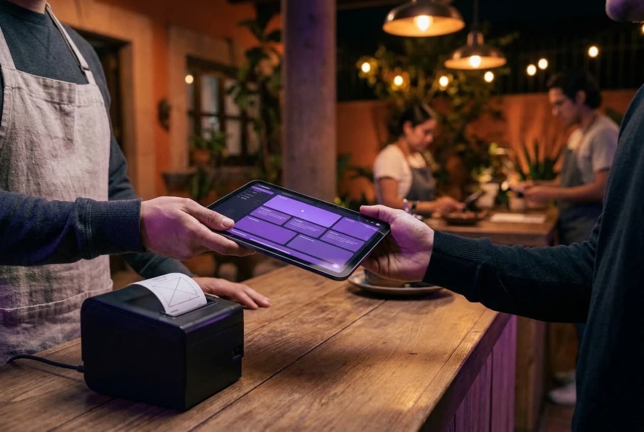 Consultor entregando una tablet con el sistema al personal de un restaurante, junto a la impresora de tickets
